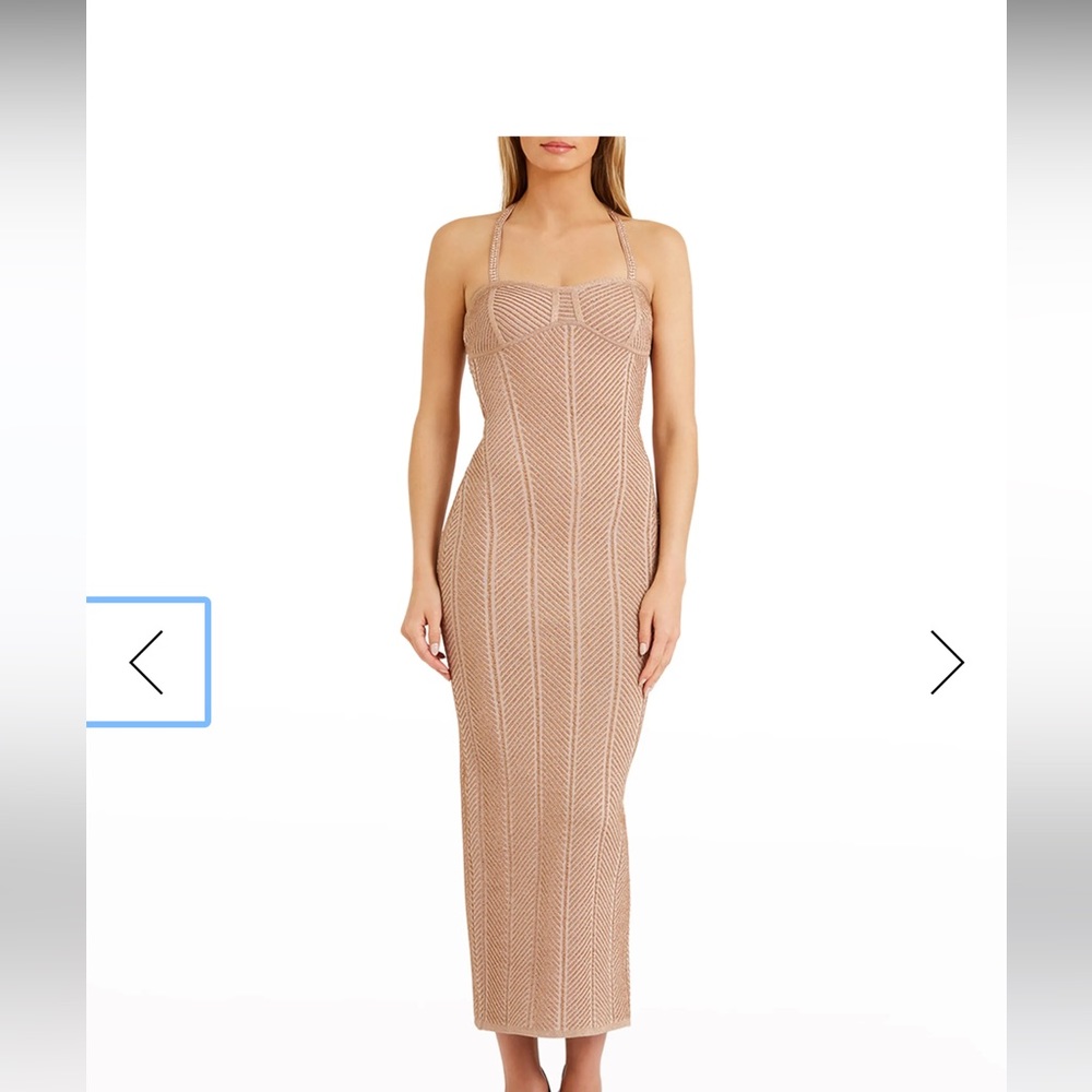 Herve Leger Metallic Bustier Midi Dress w/ Crystal Embellishment